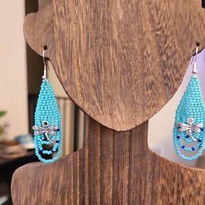 Handcrafted Artisan Turquoise Beaded Earrings Silver Dragonfly 925 Hooks